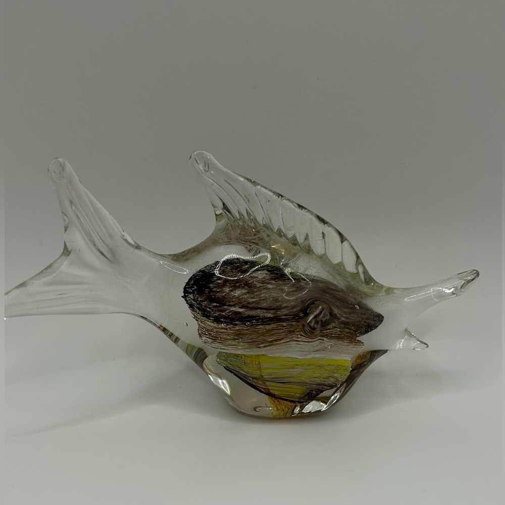 Art Glass Fish  Hand Blown Glass Figurine Paperweight Green Brown White Fins